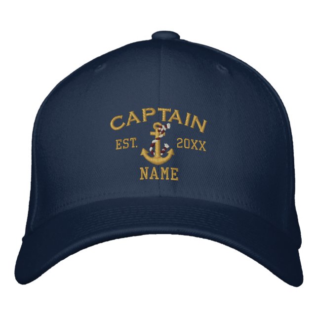 Personalizable YEAR and Names Captain Rope Anchor Embroidered Hat (Front)