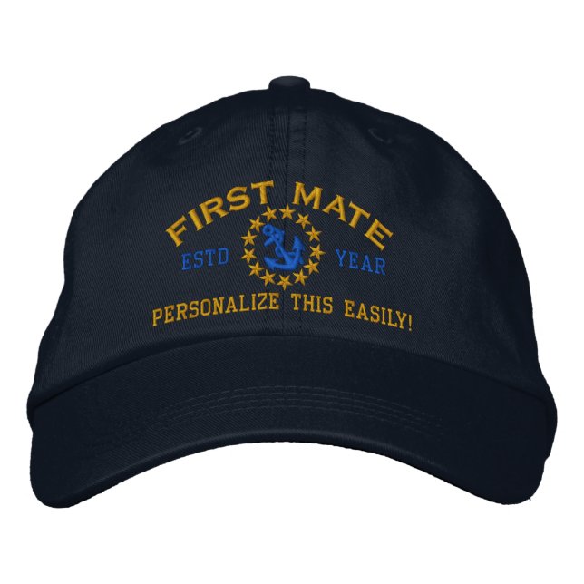 Personalizable YEAR and Names First Mate Yacht Embroidered Hat (Front)