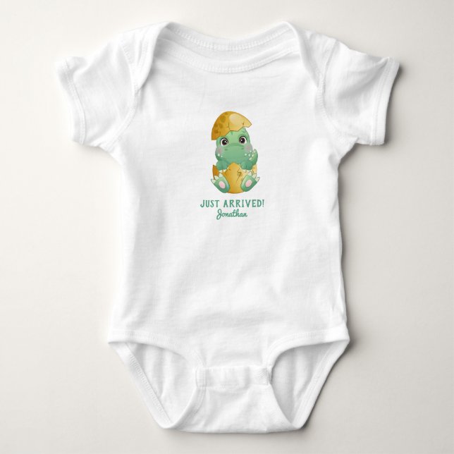 Personalizd Cute Dinosaur Egg Just Arrived Baby Bodysuit (Front)