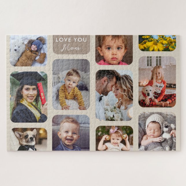    Personalize 11 Photos Taupe Modern Love You Mom Jigsaw Puzzle (Horizontal)