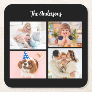 Personalize 4 Family Photos & Name on Black Square Paper Coaster
