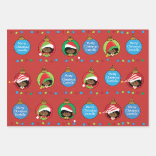 Personalize African American Girl Elf Wrapping Paper Sheet