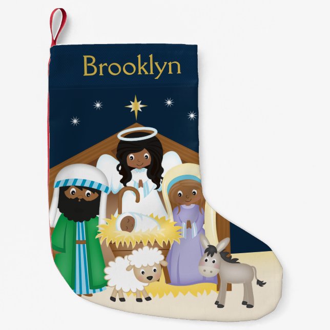 Personalize African American Nativity Scene Small Christmas Stocking (Front)