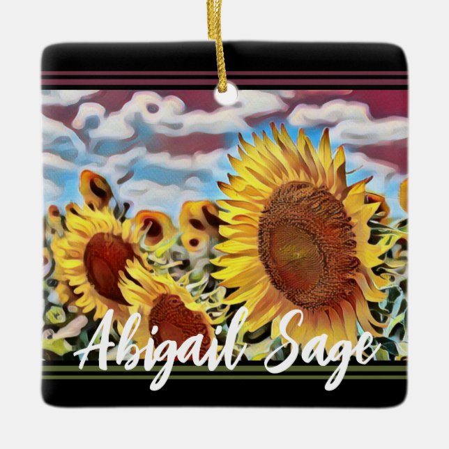 Personalize Artistic Field of Sunflowers Christmas Ceramic Ornament (Front)