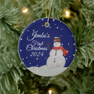 PERSONALIZE Baby's first Christmas. Happy Snowman  Ceramic Tree Decoration