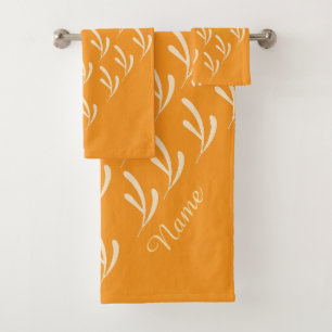 Personalize Beige Leaf Repeat Orange   Bath Towel Set