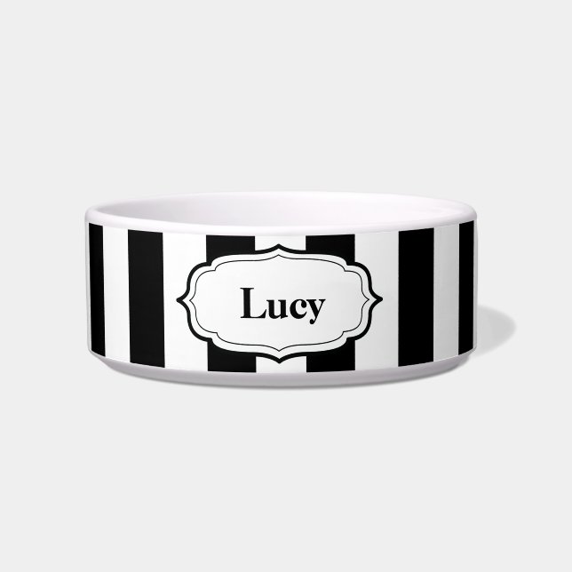 Personalize Black & White Stripe Ceramic Pet Bowl (Front)