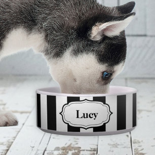 Personalize Black & White Stripe Ceramic Pet Bowl