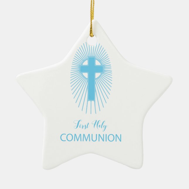 Personalize, Blue First Holy Communion Cross Host Ceramic Tree Decoration (Front)