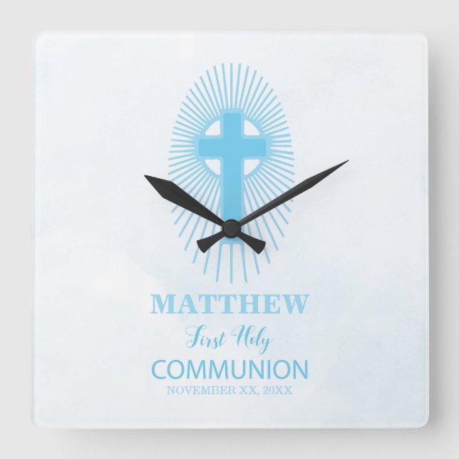 Personalize, Blue First Holy Communion Cross Host Square Wall Clock (Front)