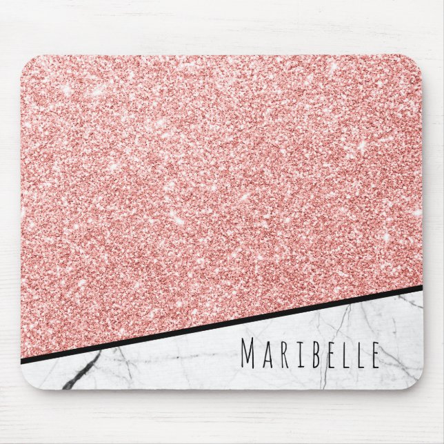 Personalize Blushed Rose Gold Faux Glitter Marble Mouse Mat (Front)