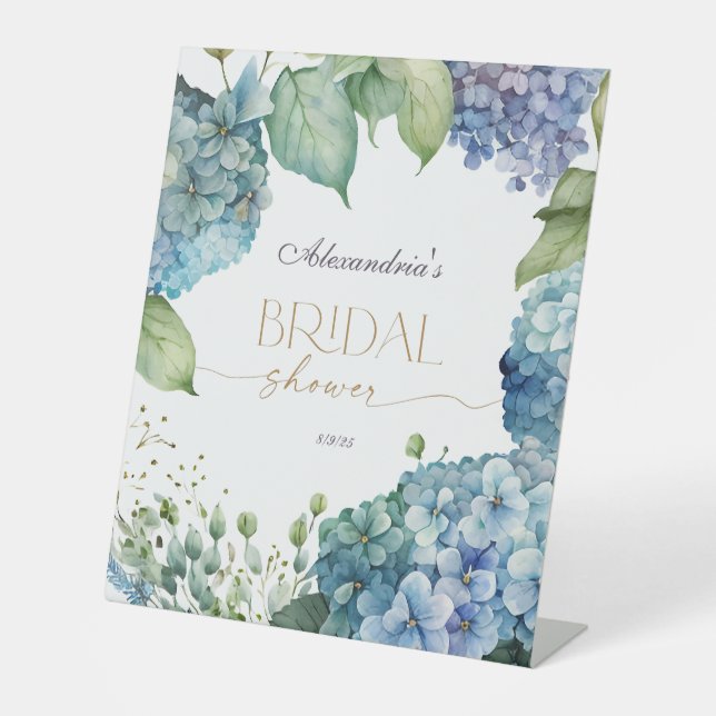 Personalize Bridal Shower Blue Hydrangeas Pedestal Sign (Front)