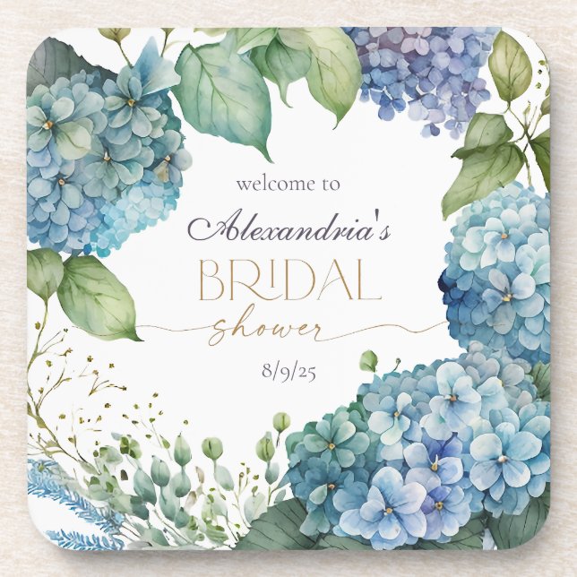 Personalize Bridal Shower Blue Hydrangeas Welcome Coaster (Front)