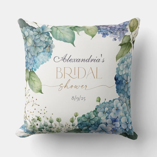Personalize Bridal Shower Blue Hydrangeas Welcome Cushion (Front)