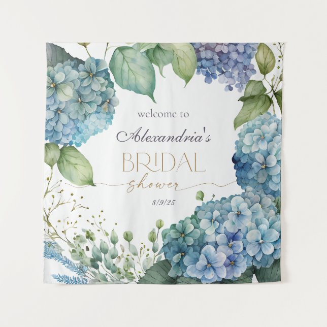 Personalize Bridal Shower Blue Hydrangeas Welcome Tapestry (Front)