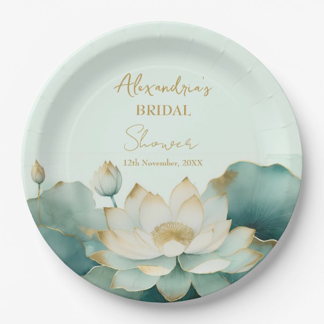 Personalize Bridal Shower Lotus gold Paper Plate (Front)