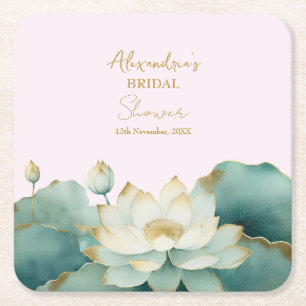 Personalize Bridal Shower Lotus gold pink Square Paper Coaster