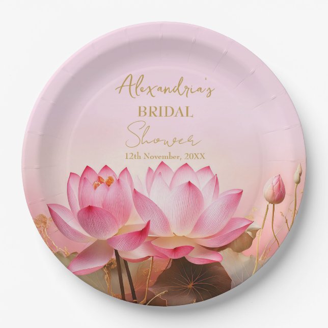 Personalize Bridal Shower Pink Lotus  Paper Plate (Front)