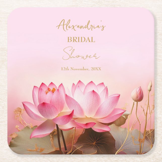 Personalize Bridal Shower Pink Lotus  Square Paper Coaster (Front)