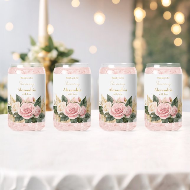 Personalize Bridal Shower Pink Roses Can Glass (Insitu (Wedding))