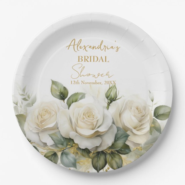 Personalize Bridal Shower White Roses Paper Plate (Front)