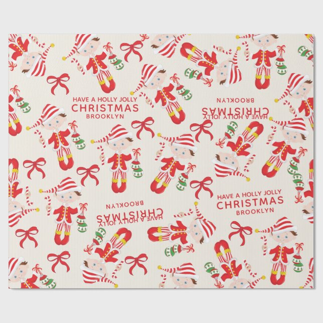 Personalize Brunette Boy Elf Wrapping Paper (Flat)