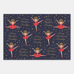 Personalize Brunette Christmas Ballerina Wrapping Paper Sheet