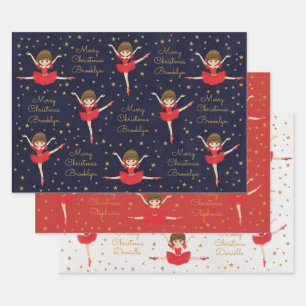 Personalize Brunette Christmas Ballerina Wrapping Paper Sheet
