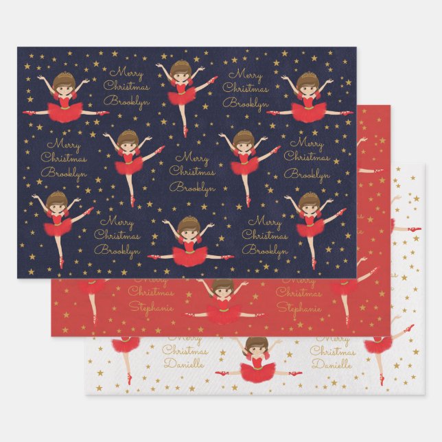 Personalize Brunette Christmas Ballerina Wrapping Paper Sheet (Set)