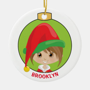 Personalize Brunette Girl Elf Ceramic Tree Decoration
