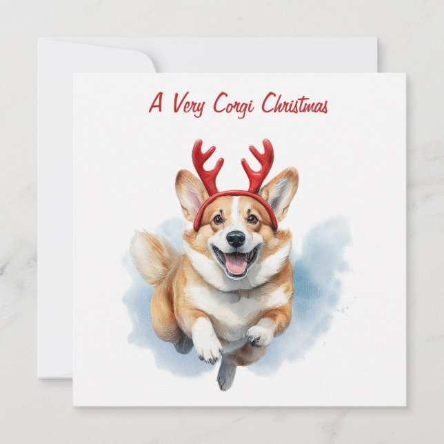 Personalize Christmas Corgi with Reindeer antlers  Holiday Card (Front)