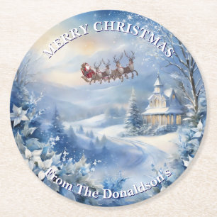 Personalize Christmas Eve Santa Family Name 6 Round Paper Coaster