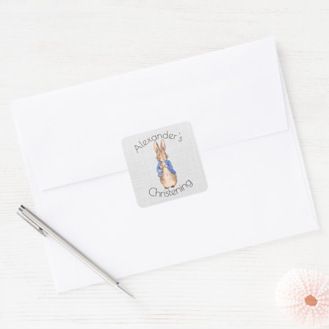 Personalize classic bunny rabbit Christening Square Sticker (Envelope)