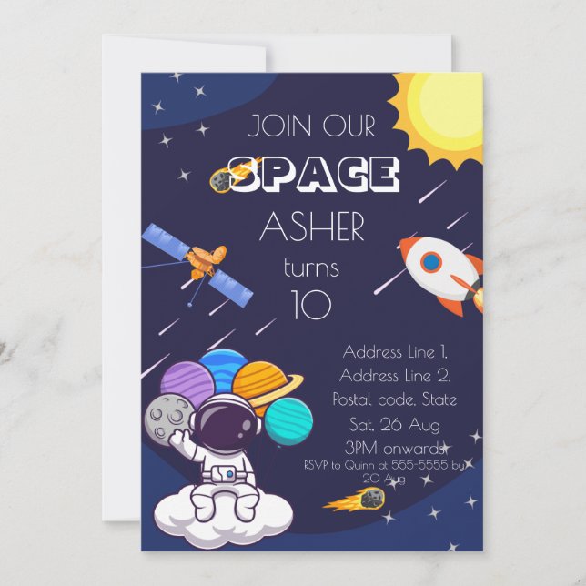 Personalize Cute Blue Space Astronaut Boy Birthday Invitation (Front)