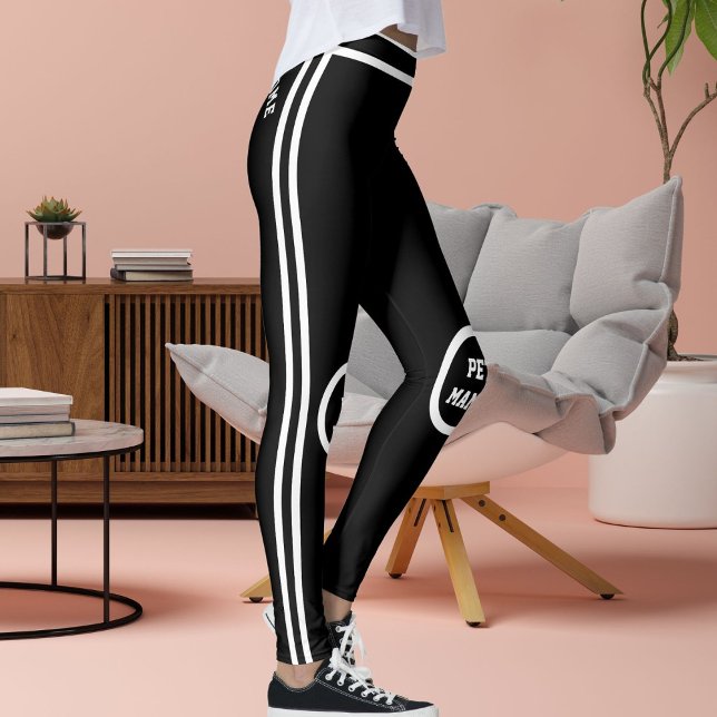 Personalize Cute Pet Mama Black White Stripes Yoga Leggings (Creator Uploaded)