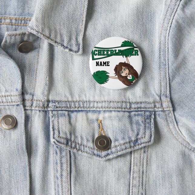 Personalize Dark Green Cheerleader Girl 6 Cm Round Badge (In Situ)