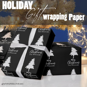 Personalize Family Name   Black White Christmas Wrapping Paper