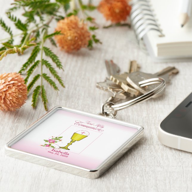 Personalize Girl Name Pink First Holy Communion Key Ring (Side)