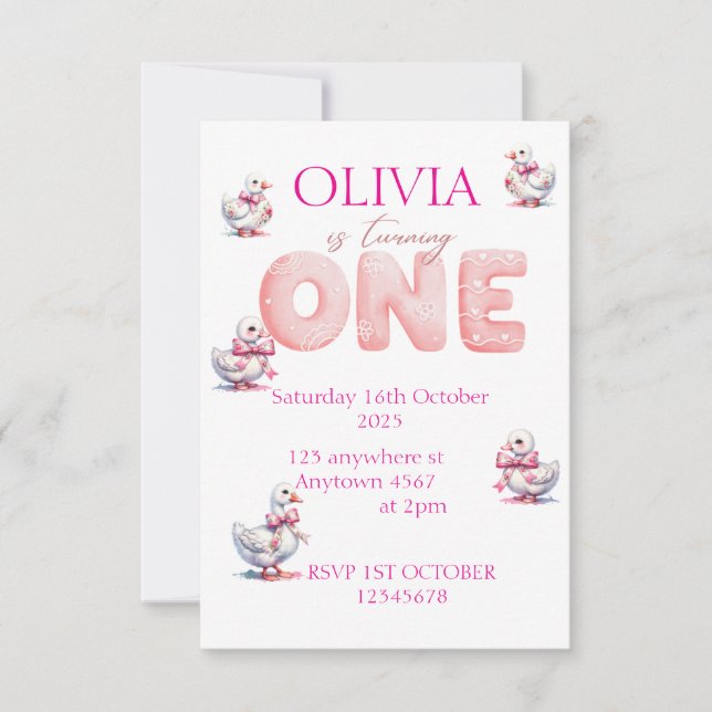 personalize Girls 1st Birthday Goose Save the date (Front)