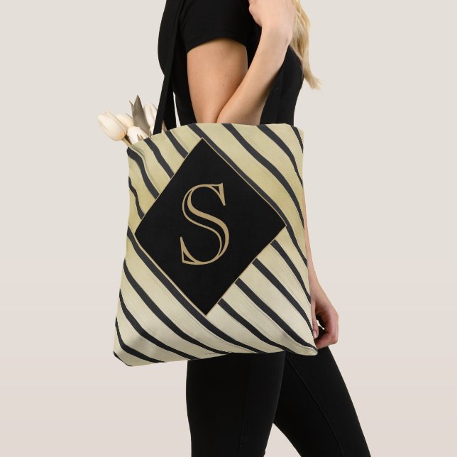 Personalize Girly Monogram Chic Black Gold Stripe Tote Bag (Close Up)