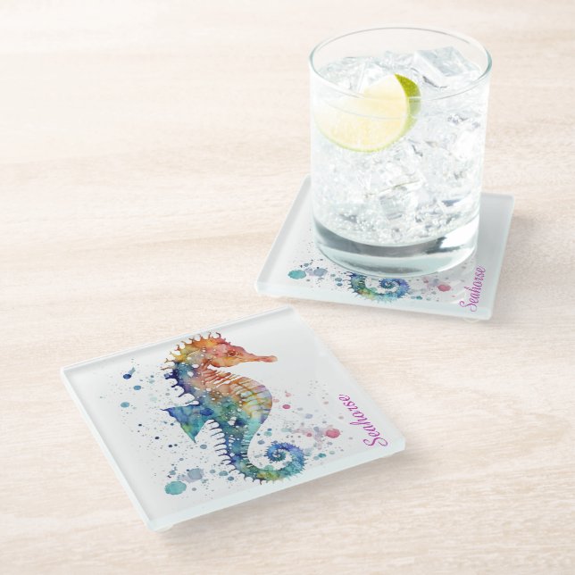 Personalize Glass Coaster - Seahorse Sealife (Angled)