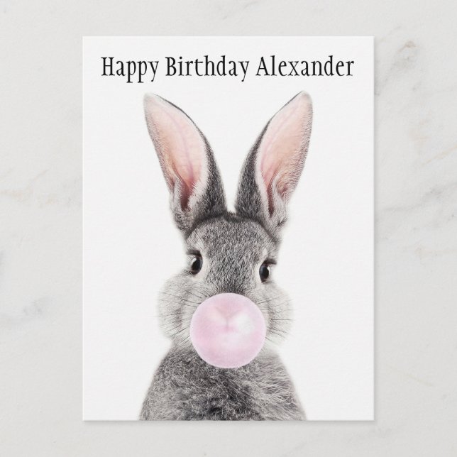 Personalize Gray rabbit blowing pink bubble gum Postcard (Front)