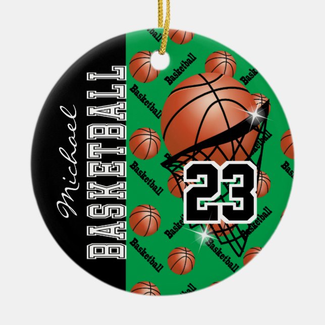 Personalize Green Basketball Ceramic Tree Decoration (Front)