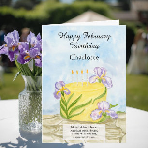Personalize Happy February Irises Birthday Cake Card