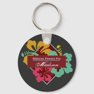 Personalize Hibiscus Flowers Blue Pink Orange Key Ring