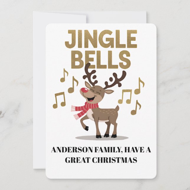 Personalize Jingle Bells Singing Reindeer Holiday Card (Front)