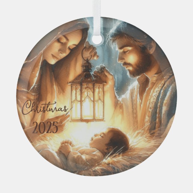 Personalize Mary & Joseph Watching Over Baby Jesus Glass Tree Decoration (Front)