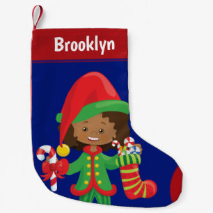 Personalize Multicultural Girl Elf Small Christmas Stocking
