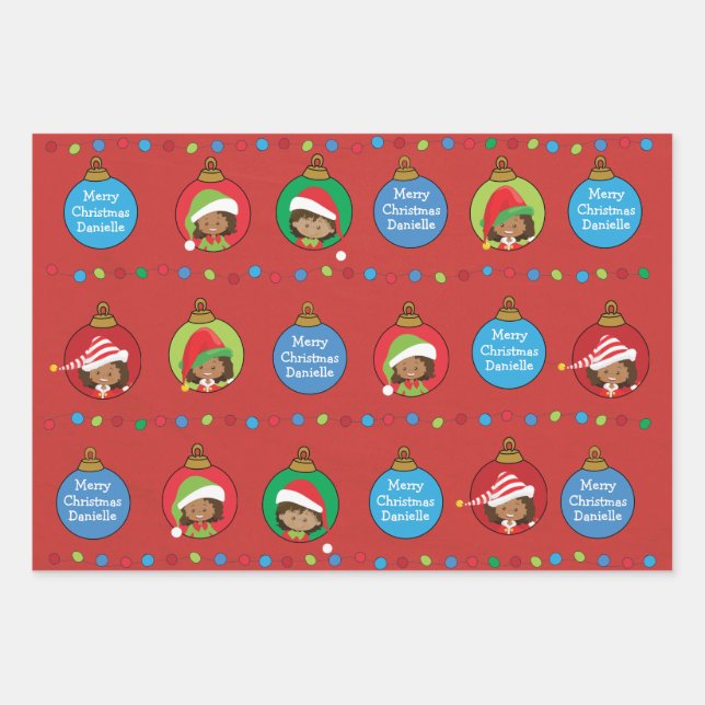 Personalize Multicultural Girl Elf Wrapping Paper Sheet (Front 3)