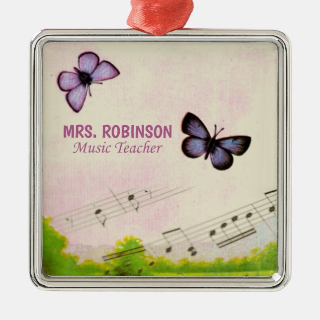Personalize, Music Butterflies Thanks Teacher Metal Tree Decoration (Front)
